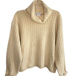 Vintage Womens X-Large Cowl Neck Sweater Cream w/ Metallic Gold Yarn Wool Angora